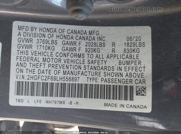 2HGFC2F69LH556897 2020 HONDA CIVIC Серый Вид подкапотного пространства