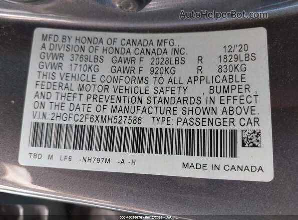 2HGFC2F6XMH527586 2021 HONDA CIVIC Gray Vista del compartimento del motor