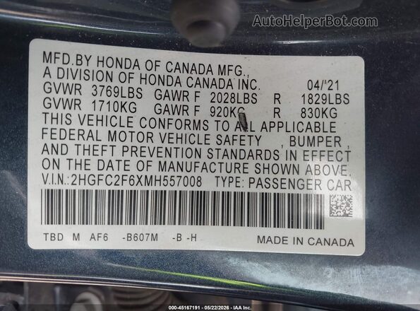 2HGFC2F6XMH557008 2021 HONDA CIVIC Dark Blue 