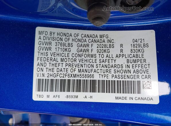 2HGFC2F6XMH558966 2021 HONDA CIVIC Blue 