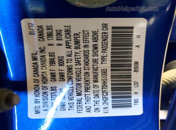 2HGFC2F70HH510665 2017 HONDA CIVIC Blue Вид підкапотного простору