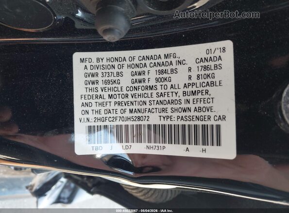 2HGFC2F70JH528072 2018 HONDA CIVIC Black 