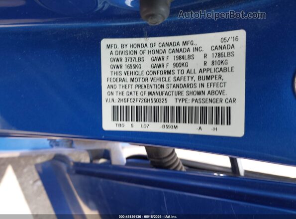2HGFC2F72GH550325 2016 HONDA CIVIC Blue Вид підкапотного простору