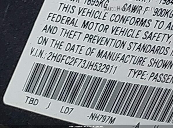 2HGFC2F73JH532911 2018 HONDA CIVIC Gray Engine compartment view
