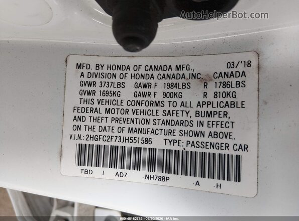 2HGFC2F73JH551586 2018 HONDA CIVIC White 