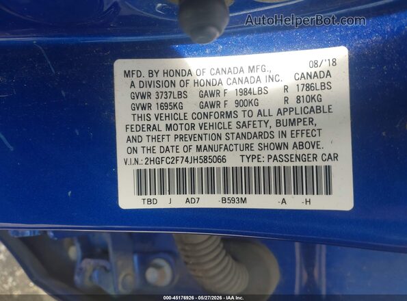 2HGFC2F74JH585066 2018 HONDA CIVIC Синий Вид подкапотного пространства