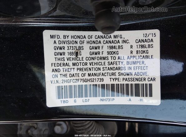 2HGFC2F75GH521739 2016 HONDA CIVIC Черный Вид подкапотного пространства