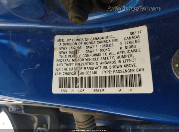 2HGFC2F75HH562146 2017 HONDA CIVIC Blue Engine compartment view