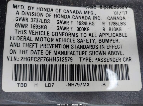2HGFC2F76HH512579 2017 HONDA CIVIC Gray Engine compartment view