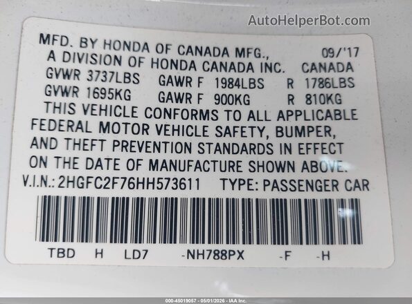 2HGFC2F76HH573611 2017 HONDA CIVIC White ძრავის განყოფილების ხედი