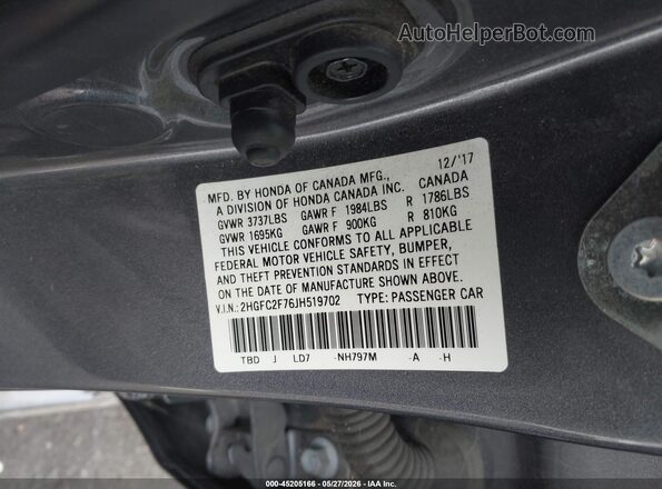 2HGFC2F76JH519702 2018 HONDA CIVIC Gray ძრავის განყოფილების ხედი