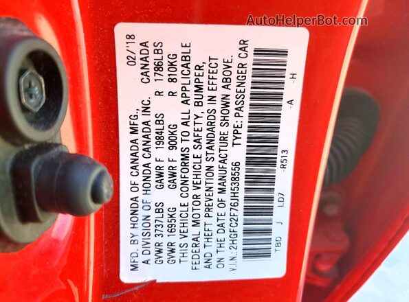 2HGFC2F76JH538556 2018 HONDA CIVIC Red Vista del compartimento del motor