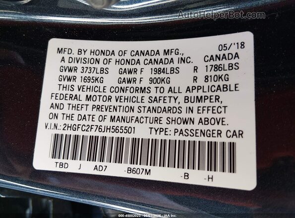 2HGFC2F76JH565501 2018 HONDA CIVIC Черный Вид подкапотного пространства