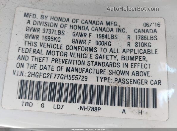 2HGFC2F77GH555729 2016 HONDA CIVIC White 