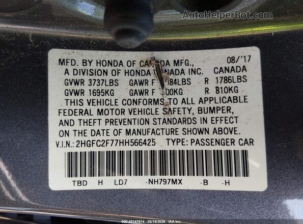 2HGFC2F77HH566425 2017 HONDA CIVIC Gray Engine compartment view