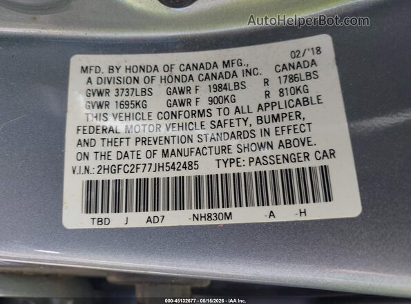 2HGFC2F77JH542485 2018 HONDA CIVIC Серебряный Вид подкапотного пространства
