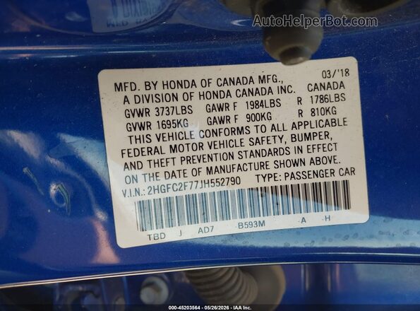 2HGFC2F77JH552790 2018 HONDA CIVIC Blue Engine compartment view
