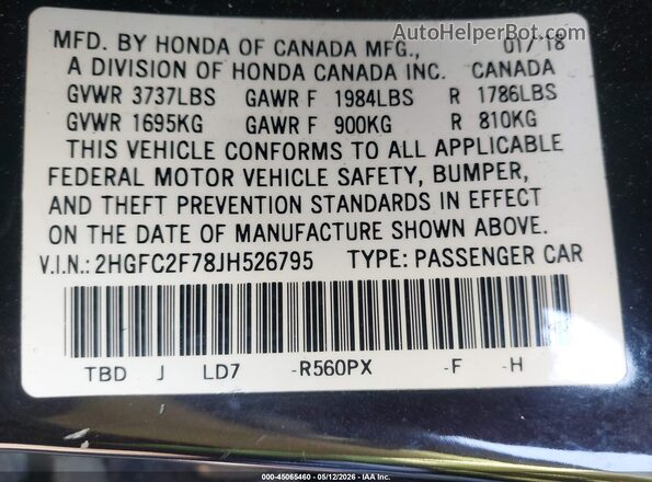 2HGFC2F78JH526795 2018 HONDA CIVIC Purple Widok komory silnika