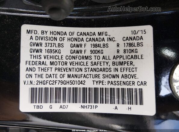 2HGFC2F79GH501042 2016 HONDA CIVIC Black Вид підкапотного простору