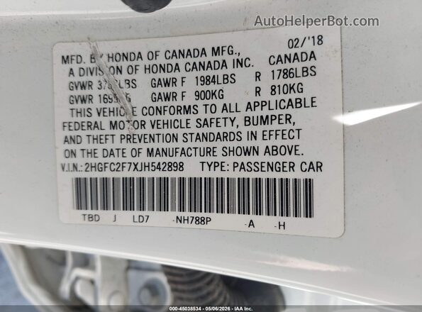 2HGFC2F7XJH542898 2018 HONDA CIVIC Белый Вид подкапотного пространства