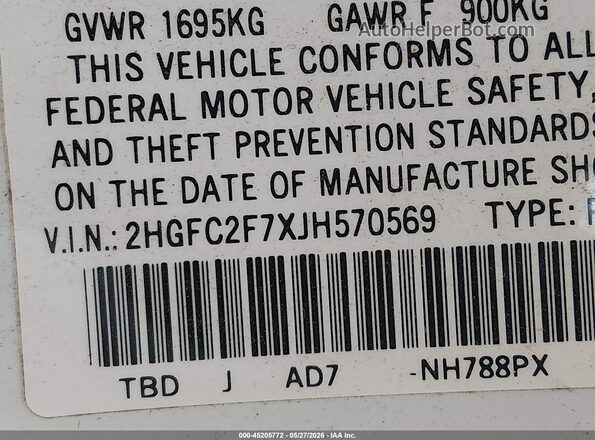 2HGFC2F7XJH570569 2018 HONDA CIVIC White Vista del compartimento del motor