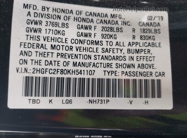 2HGFC2F80KH541107 2019 HONDA CIVIC Black 