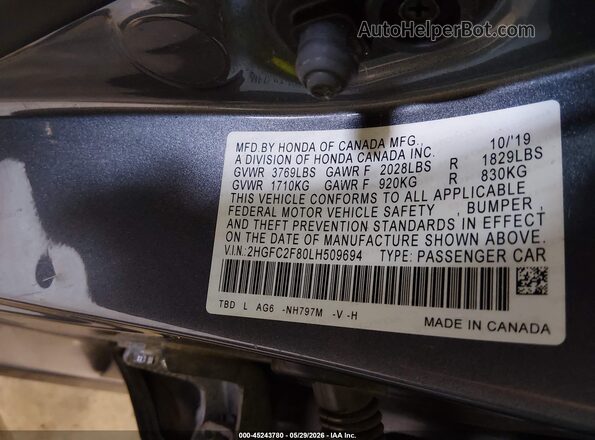 2HGFC2F80LH509694 2020 HONDA CIVIC Gray Engine compartment view