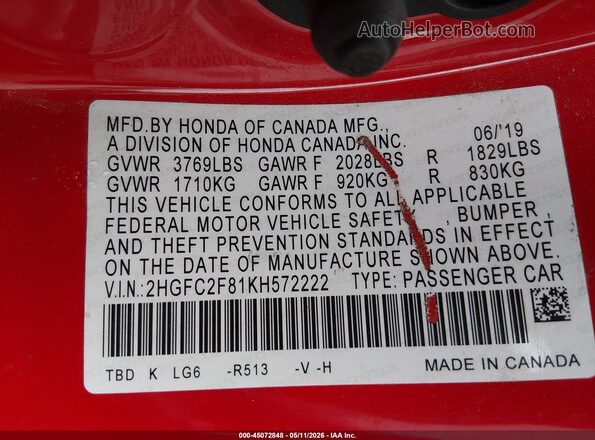 2HGFC2F81KH572222 2019 HONDA CIVIC Красный 