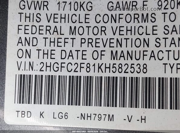 2HGFC2F81KH582538 2019 HONDA CIVIC Gray Vista del compartimento del motor