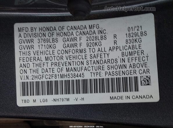 2HGFC2F81MH538445 2021 HONDA CIVIC Gray Շարժիչի բաժամունքի տեսք