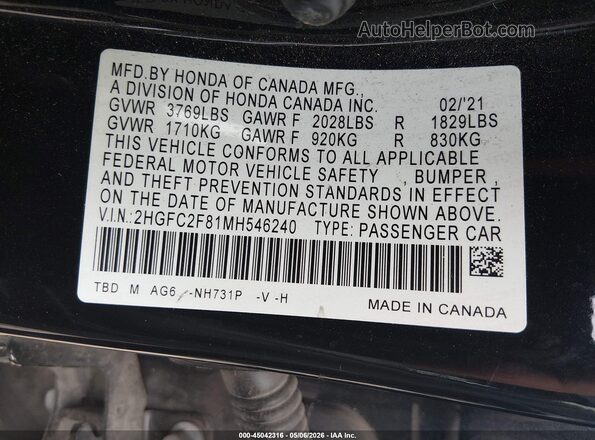 2HGFC2F81MH546240 2021 HONDA CIVIC Черный 