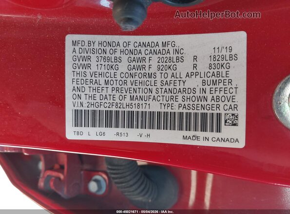 2HGFC2F82LH518171 2020 HONDA CIVIC Red Vista del compartimento del motor