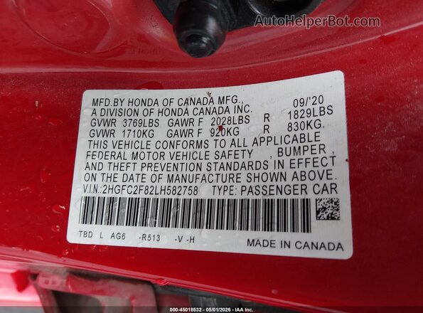 2HGFC2F82LH582758 2020 HONDA CIVIC Red Engine compartment view
