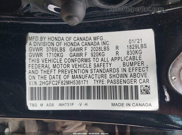 2HGFC2F82MH536171 2021 HONDA CIVIC Black Вид підкапотного простору