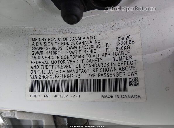 2HGFC2F83LH547145 2020 HONDA CIVIC White Շարժիչի բաժամունքի տեսք