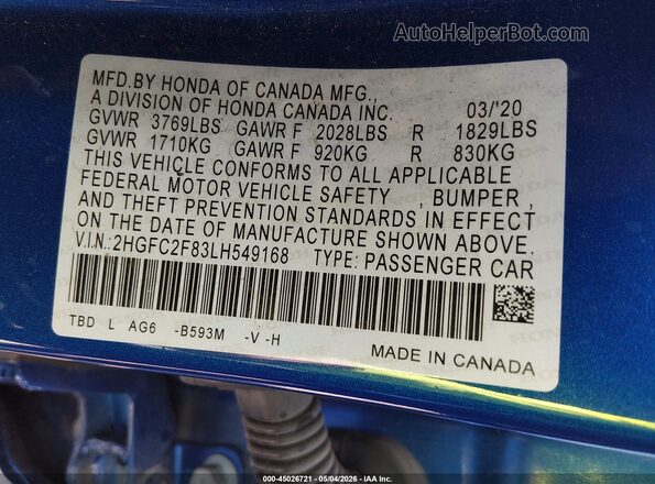 2HGFC2F83LH549168 2020 HONDA CIVIC Blue ძრავის განყოფილების ხედი