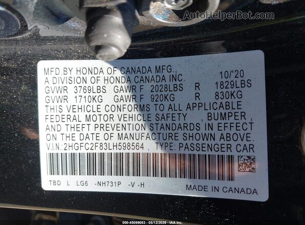 2HGFC2F83LH598564 2020 HONDA CIVIC Black Widok komory silnika