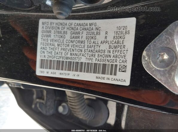 2HGFC2F83MH505737 2021 HONDA CIVIC Black ძრავის განყოფილების ხედი