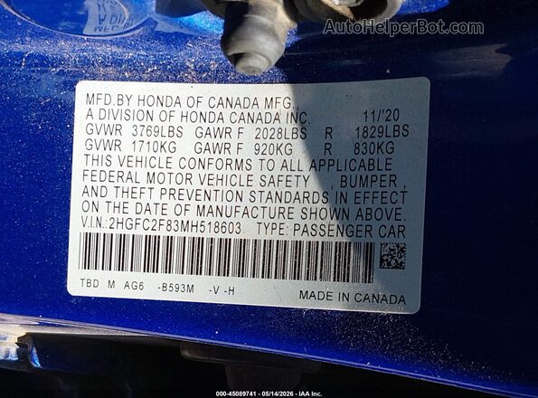 2HGFC2F83MH518603 2021 HONDA CIVIC Синий Вид подкапотного пространства