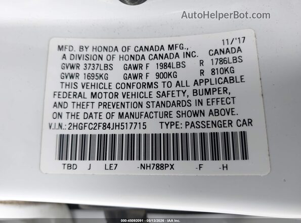 2HGFC2F84JH517715 2018 HONDA CIVIC White Շարժիչի բաժամունքի տեսք