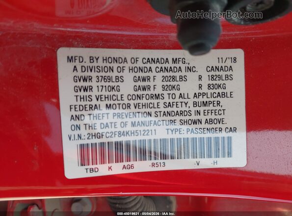 2HGFC2F84KH512211 2019 HONDA CIVIC Red Engine compartment view