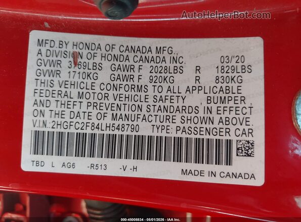 2HGFC2F84LH548790 2020 HONDA CIVIC Red 
