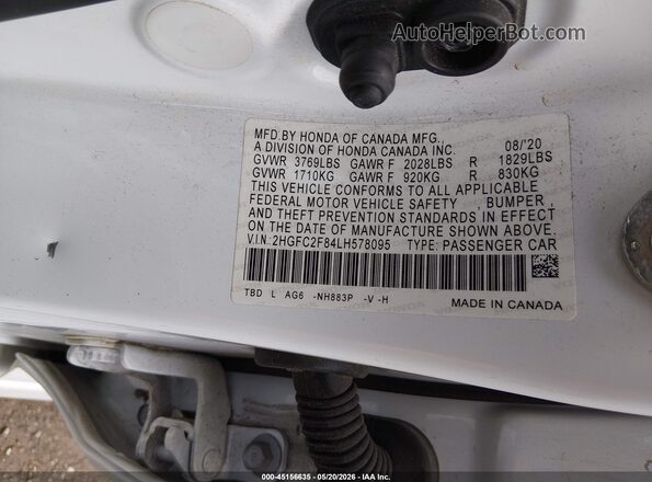 2HGFC2F84LH578095 2020 HONDA CIVIC White Vista del compartimento del motor