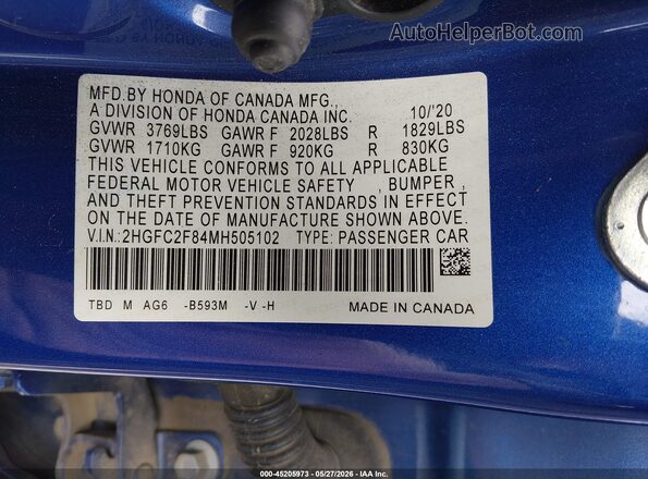 2HGFC2F84MH505102 2021 HONDA CIVIC Blue Widok komory silnika