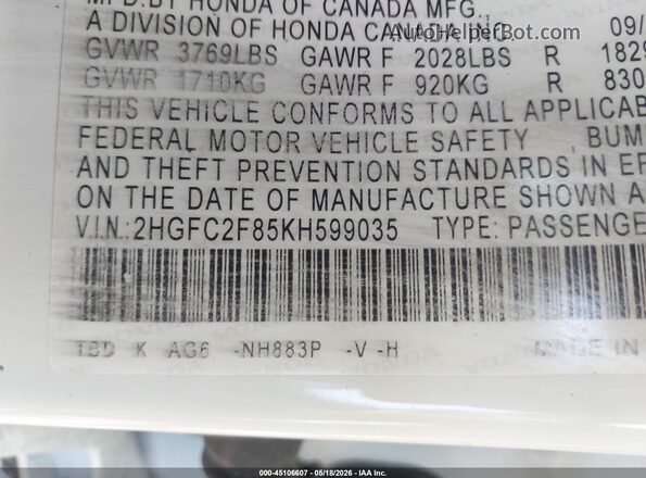 2HGFC2F85KH599035 2019 HONDA CIVIC White Engine compartment view