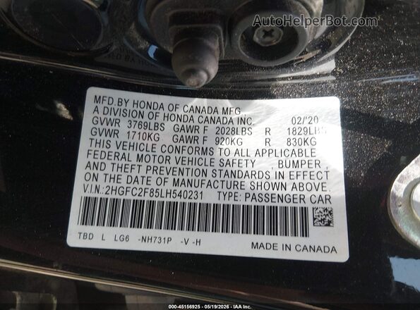 2HGFC2F85LH540231 2020 HONDA CIVIC Black Engine compartment view