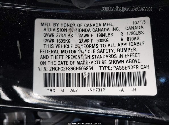 2HGFC2F86GH506854 2016 HONDA CIVIC Black Widok komory silnika