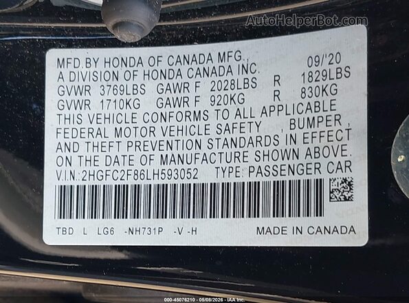 2HGFC2F86LH593052 2020 HONDA CIVIC Black Widok komory silnika