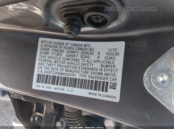 2HGFC2F86MH524797 2021 HONDA CIVIC Gray Вид підкапотного простору