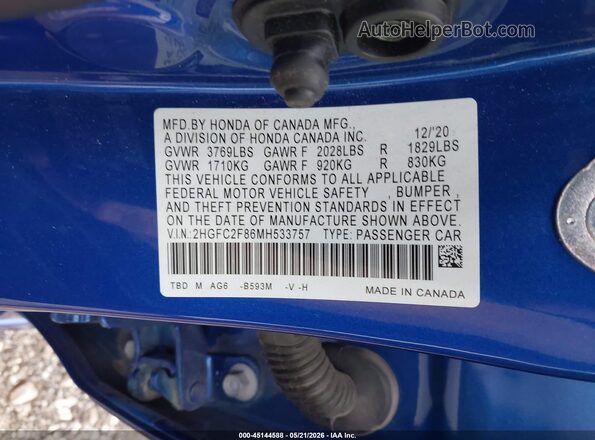 2HGFC2F86MH533757 2021 HONDA CIVIC Blue Widok komory silnika